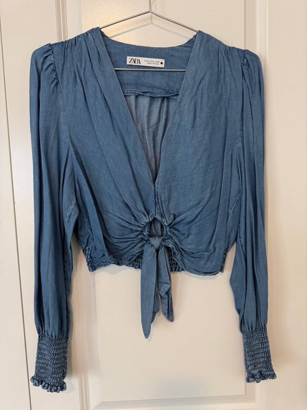 ZARA Dusty Blue Tie-Front Long Sleeve Crop Blouse
